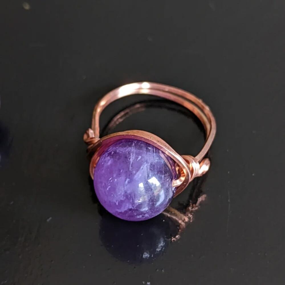 Artisan Amethyst Copper Ring Solitaire Wire Wrapped 12mm Gemstone Sz 8 NEW